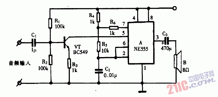 巧用NE555作音频功率放大器2电路图