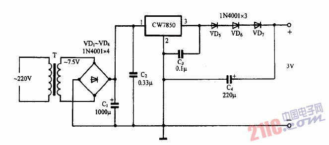 巧用CW7805作3V输出稳压电源电路图