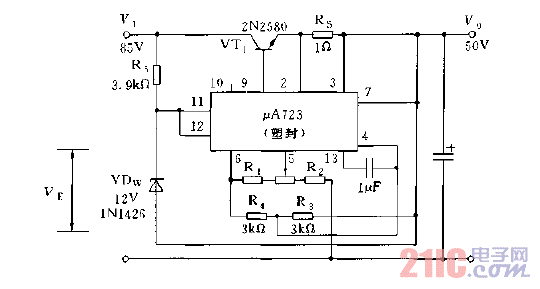 采用μA723构成的浮动式可调稳压电源电路图a.gif