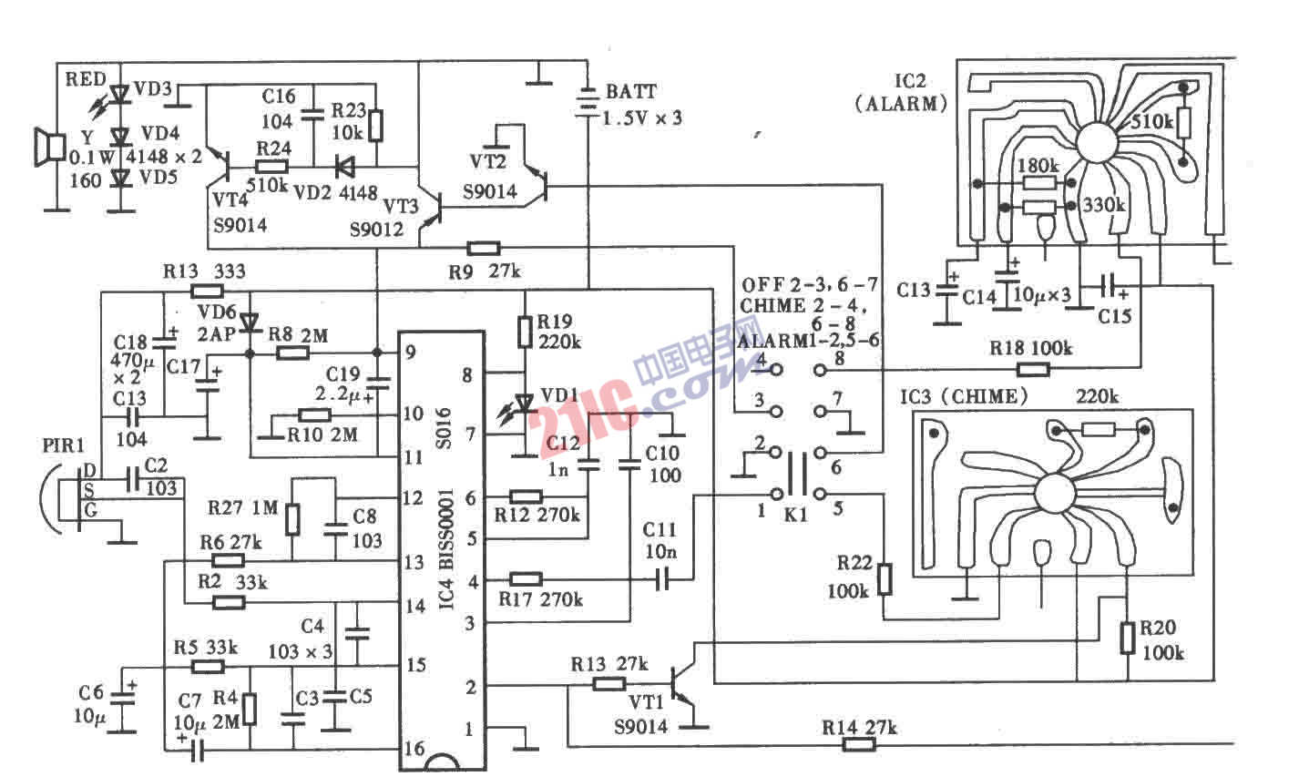 SNS-200P1热释电红外报警器电路图
