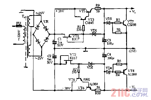 稳流，稳压式晶体管放大器电源电路图.gif