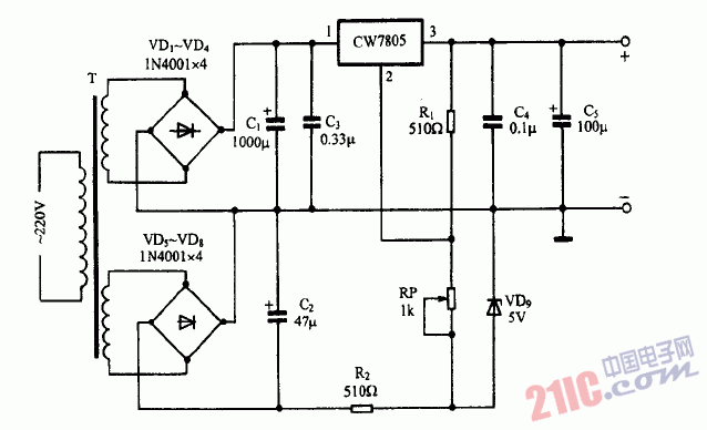 巧用CW7805作0-15V可调稳压电源电路图