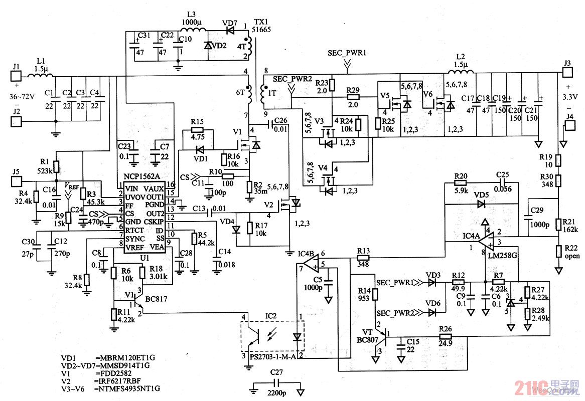 由NCP1562控制的DC DC电源电路图.jpg