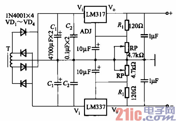 60.输出电压可调的双极性稳压电源电路.gif