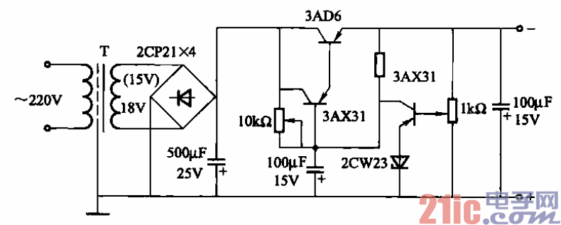 25.6至15V、500mA可调式稳压电源电路.gif