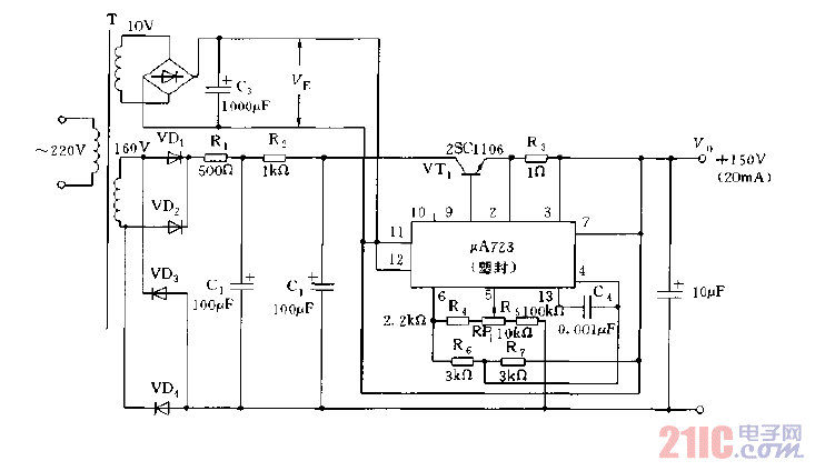 采用μA723构成的浮动式可调稳压电源电路图b.gif