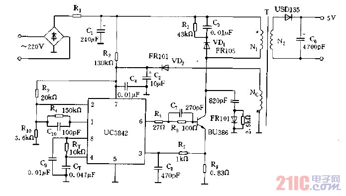 采用UC3842构成的单端反激式开关电源的实用电路图.gif