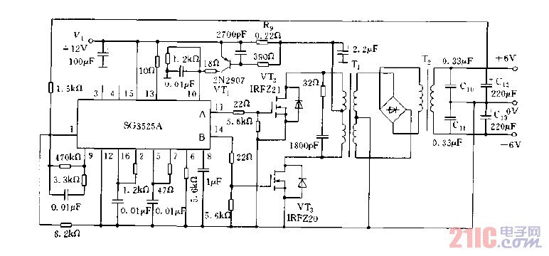 采用SG3525A构成的推挽式DC,DC变换器电路图.gif
