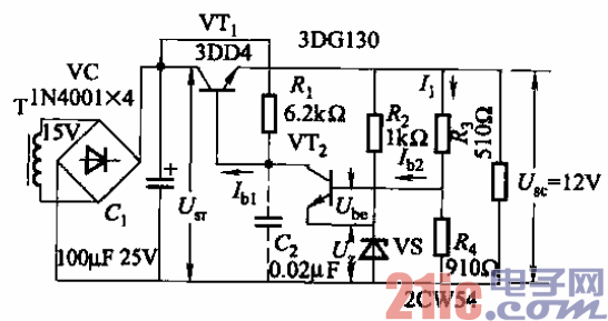 21.带放大环节的晶体管稳压电源的基本电路.gif