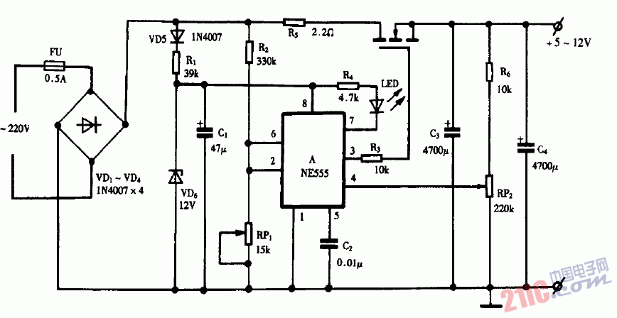 巧用NE555作变压器稳压电源电路图